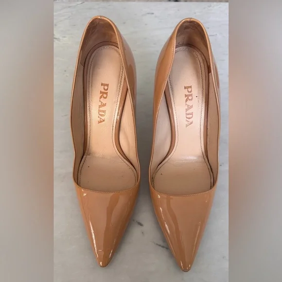 Prada | Shoes | Prada Tan Patent Leather Heels | Poshmark display picture 1